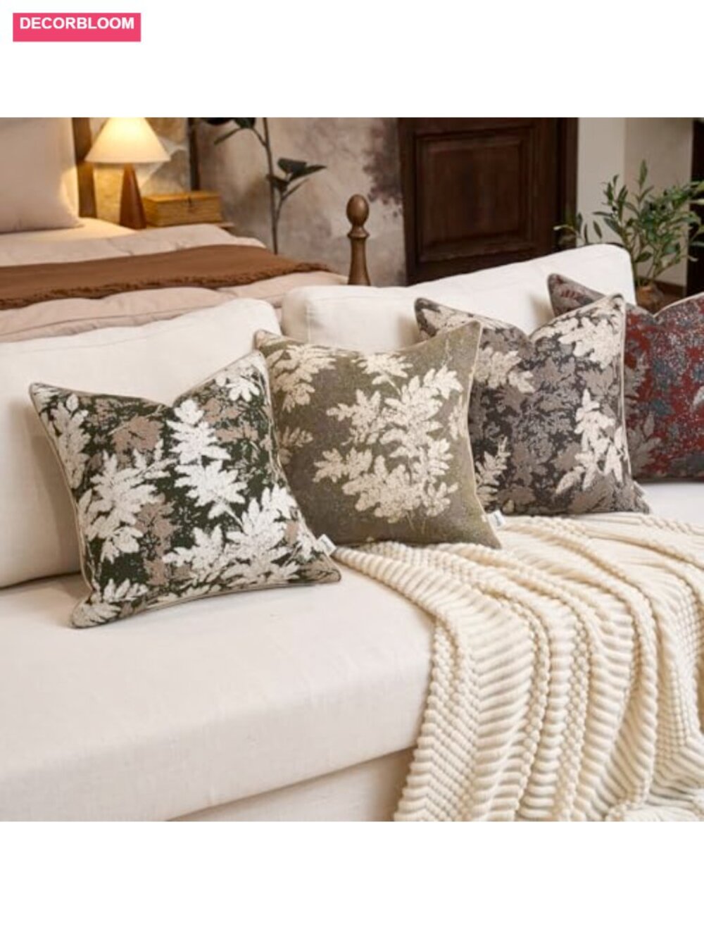 Vintage Chenille Neutral Leaf Throw Pillow Cover 12x20 Inch, Soft Polyester - Picture 5 of 6